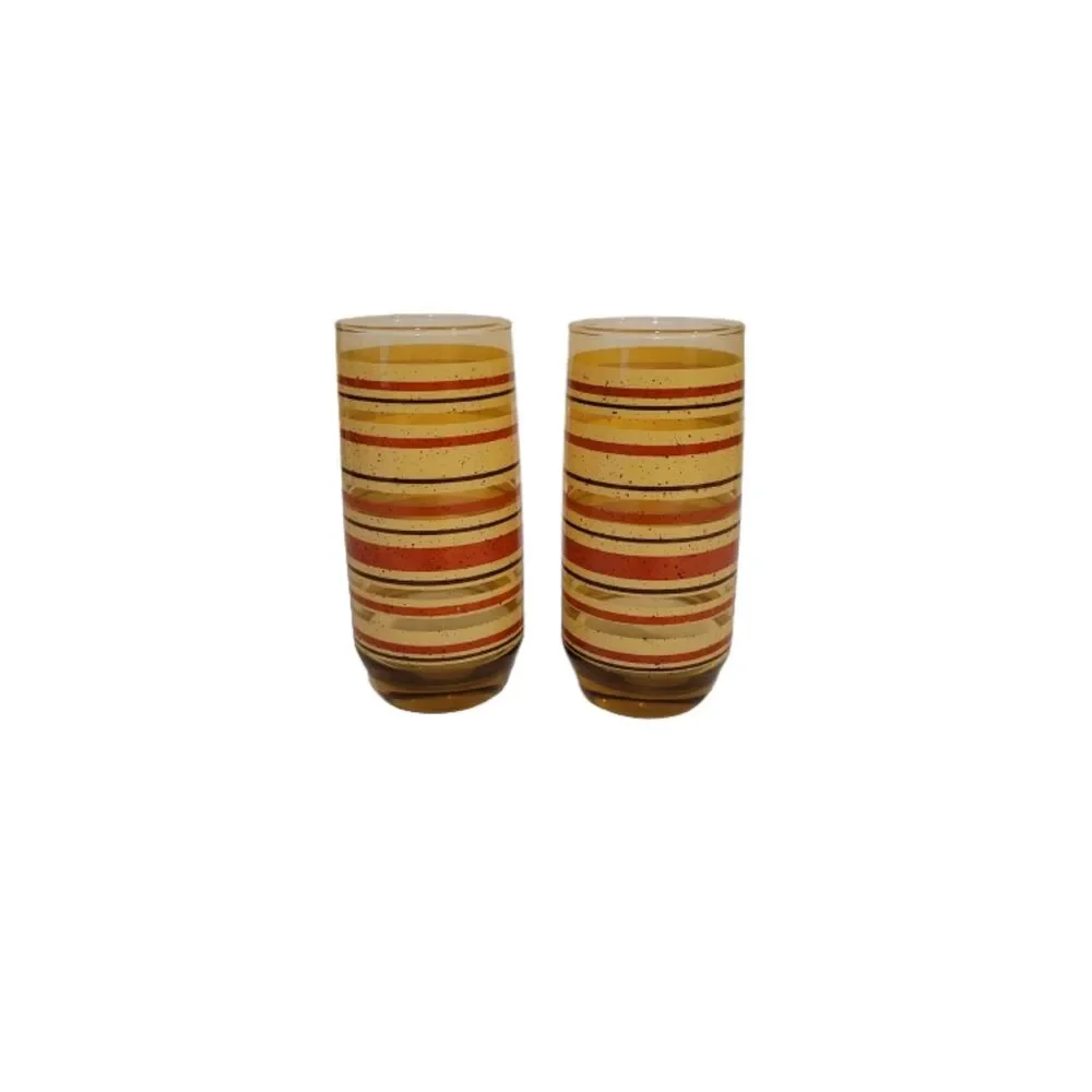 Retro Striped Juice Tumblers – Vintage Yellow Amber Orange Glass – Set of 2